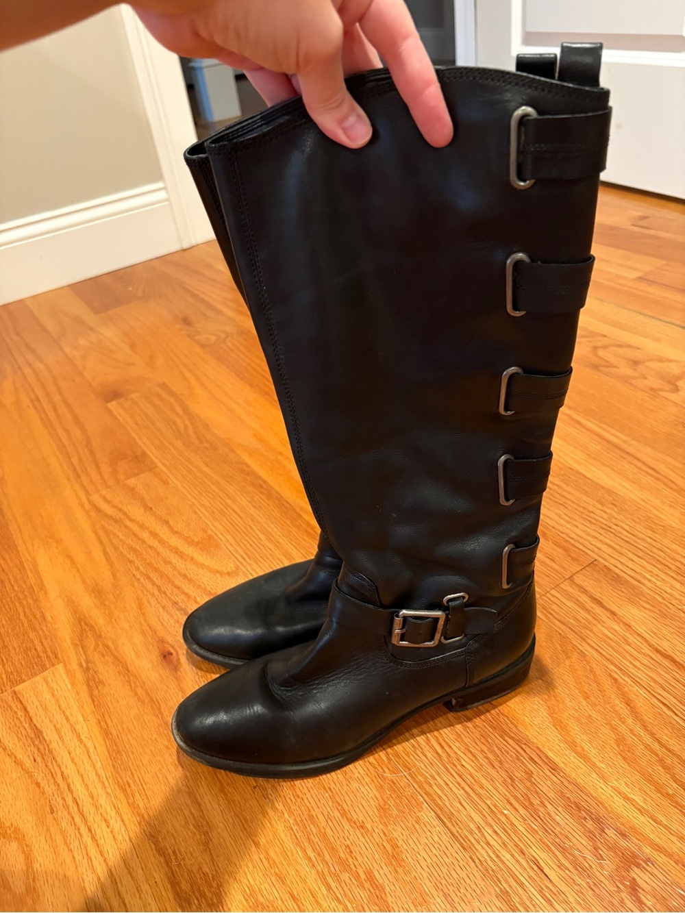 Arturo Chiang Black Knee-High Buckle Riding Boots